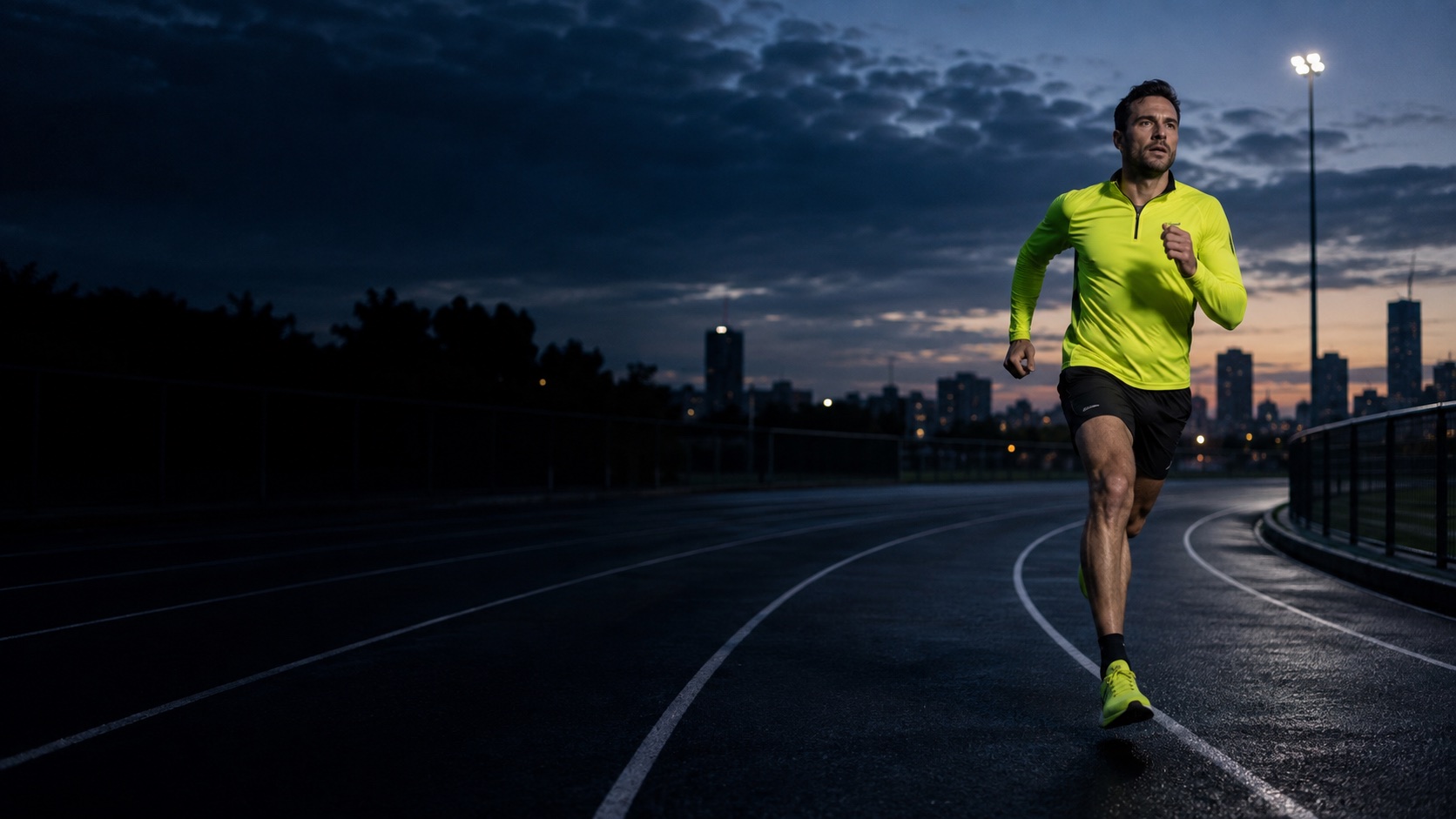 A runner in a bright yellow top on a dark blue running track at dawn